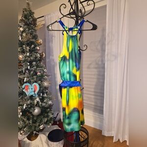 Tina Turk Vibrant SILK Strapless Dress with Blue Accents